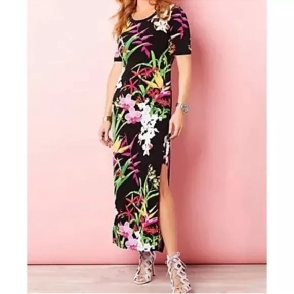 G.I.L.I. Floral Slit Tropical Black Pink Maxi Shift Dress Women’s XL - Picture 2 of 13